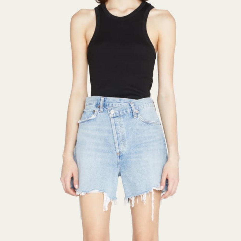 AGOLDE Crossover Waist Distressed Denim Shorts